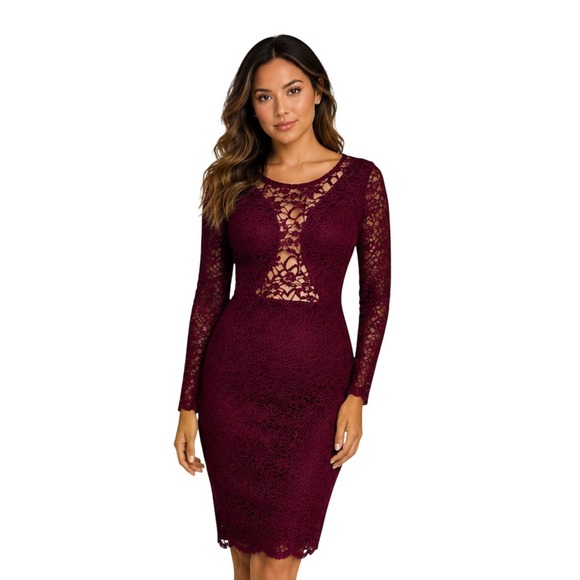 Dresses & Skirts - Burgundy Floral Lace Long Sleeve Bodycon Sheath Dress XS Cocktail Wedding Guest